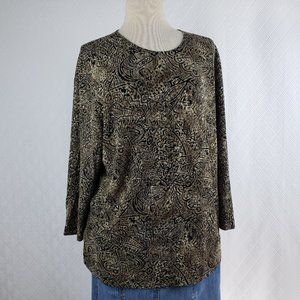 Laura Ashley Womens Top Blouse 3/4 Sleeve Black Gold Geometric Stretch Size 1X